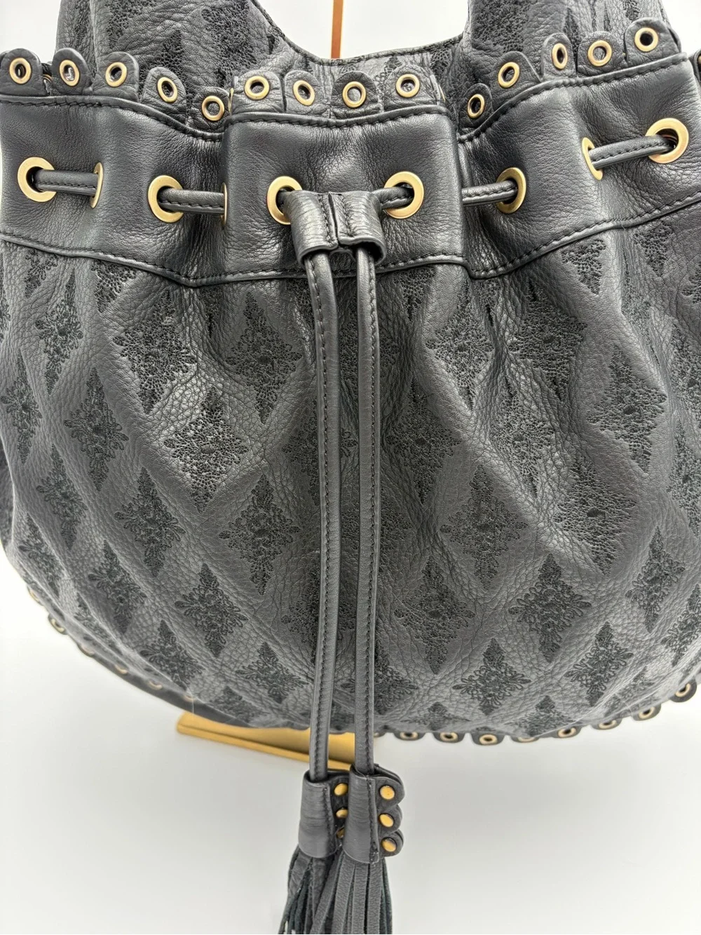 Rare Isabella Fiore Y2K Black Embroidered Leather Drawstring Hobo Bag